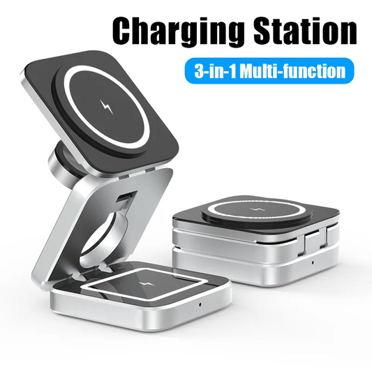 Aluminum Alloy 3-in-1 magnetic foldable wireless charger for iPhones 15, 14, 13, 12, all AirPods and Apple Watches - sky-case