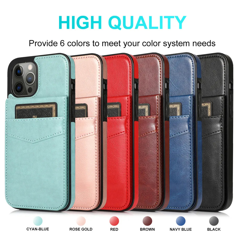 iPhone 15 Pro Case Leather Phone Case for iPhone 15, 14, 13, 12, 11 Pro Max - Card Slot, Cover Stand, Shockproof Cover - sky-case