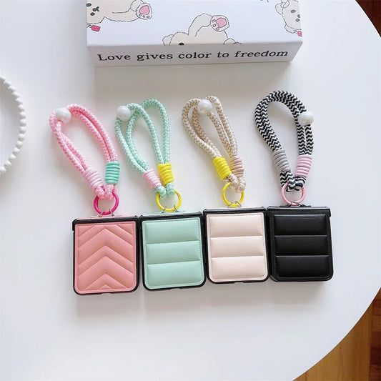 Hard PU Leather Hinge Protective Case Cover with Wrist Strap for Samsung Galaxy Z Flip 7 6 5 4 3 5G - sky-case