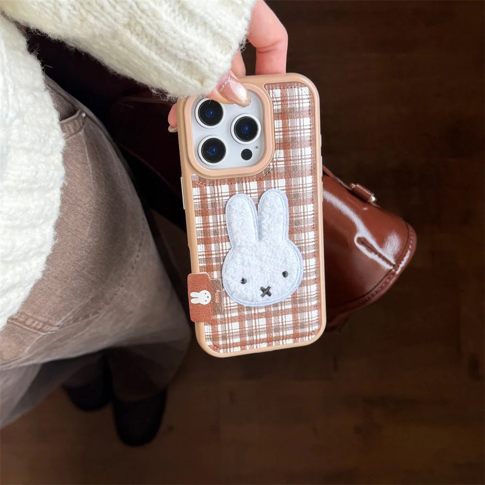 Brown Plaid Bunny Plush Charm Case - sky-case
