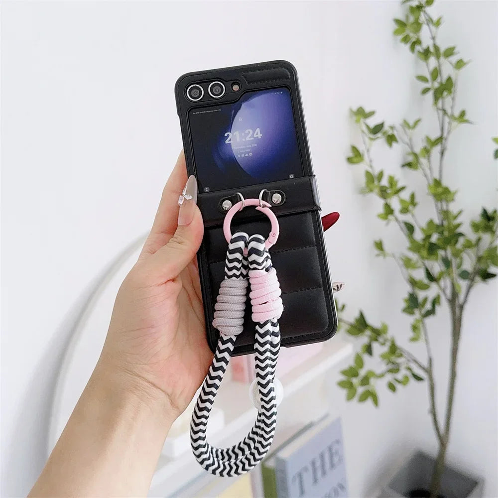 Hard PU Leather Hinge Protective Case Cover with Wrist Strap for Samsung Galaxy Z Flip 7 6 5 4 3 5G - sky-case