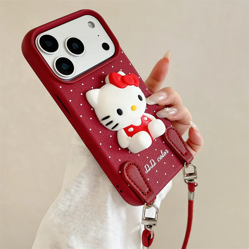3D Hello Kitty Autumn Wine Red Lanyard Case For All iPhone