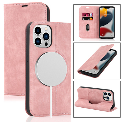 Magnetic Leather Wallet Phone Cover for IPhone - Magsafe Wireless Charging - Kickstand Card Slot Case For iphone 14ProMax / Pink - sky-case