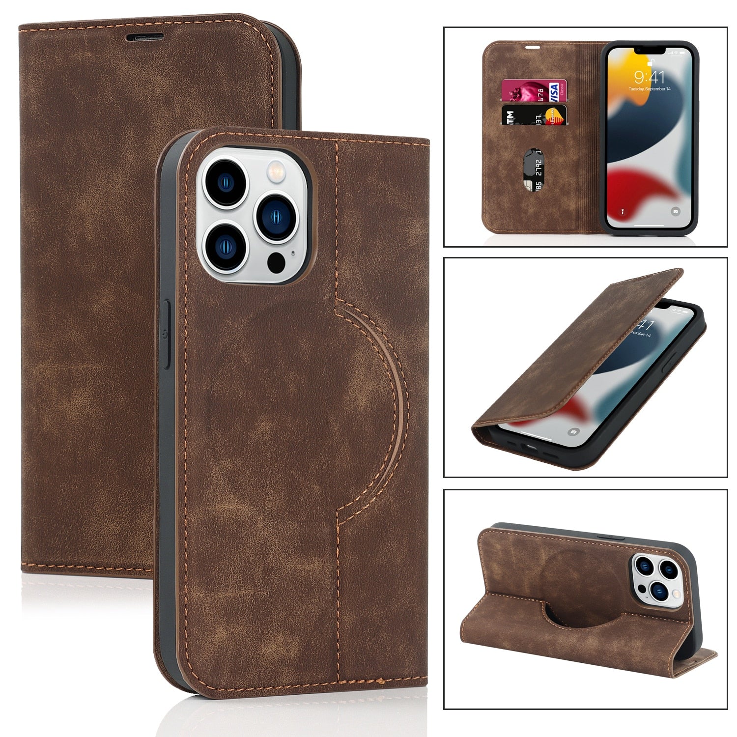 Magnetic Leather Wallet Phone Cover for IPhone - Magsafe Wireless Charging - Kickstand Card Slot Case For iphone 13promax / Brown - sky-case