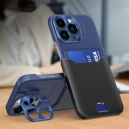 Luxury Leather Card Holder Stand Case For iPhone 14 13 12 Pro Max & Metal Lens Protective For iPhone 12 Mini / Dark Blue - Black - sky-case