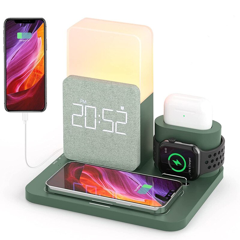 Wireless Charger 3 In 1 Fast Charging Station Digital Alarm Clock Night Light Compatible Green - sky-case