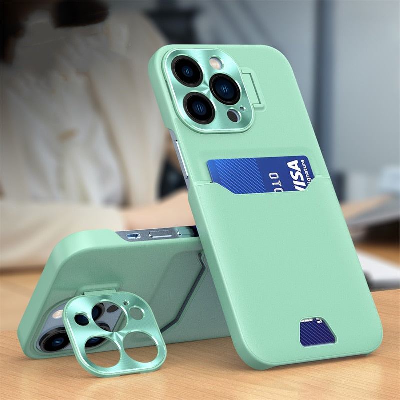 Luxury Leather Card Holder Stand Case For iPhone 14 13 12 Pro Max & Metal Lens Protective For iPhone 12 Mini / Mint Green - sky-case