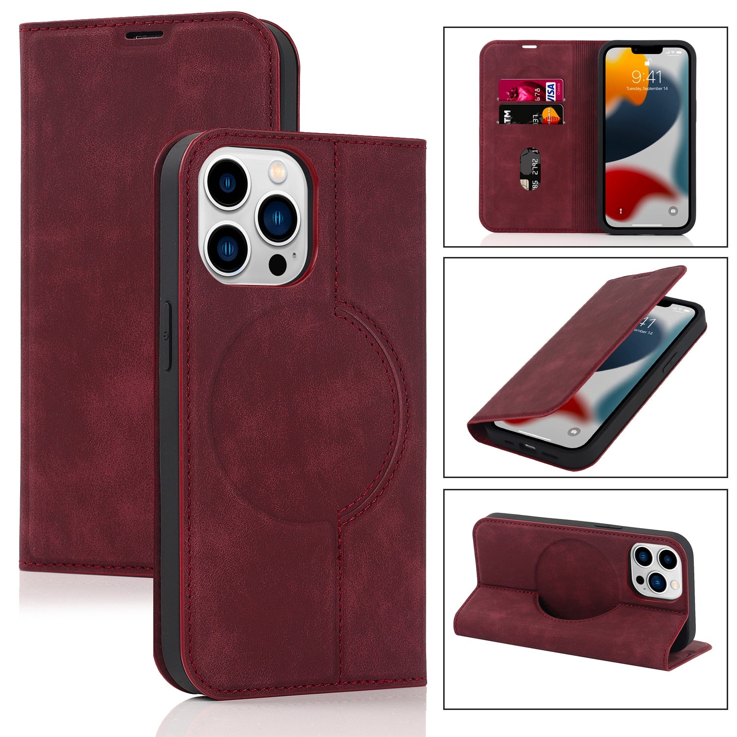 Magnetic Leather Wallet Phone Cover for IPhone - Magsafe Wireless Charging - Kickstand Card Slot Case For iphone 13promax / Red - sky-case