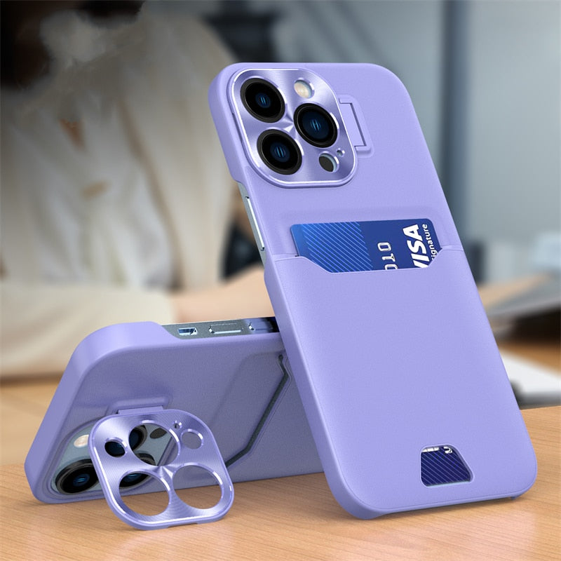 Luxury Leather Card Holder Stand Case For iPhone 14 13 12 Pro Max & Metal Lens Protective For iPhone 12 Mini / Purple - sky-case