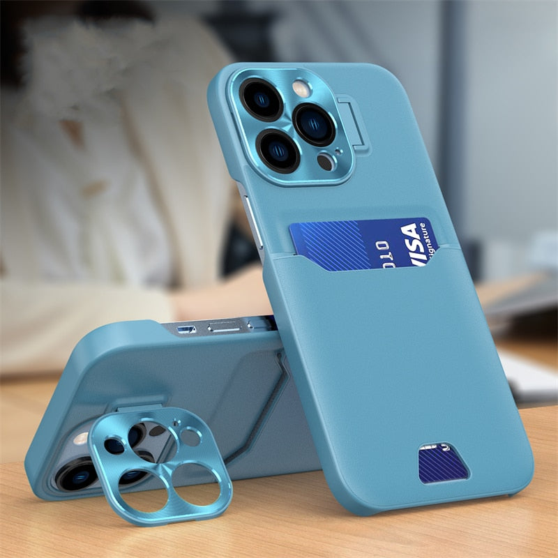 Luxury Leather Card Holder Stand Case For iPhone 14 13 12 Pro Max & Metal Lens Protective For iPhone 12 Mini / Lake Blue - sky-case