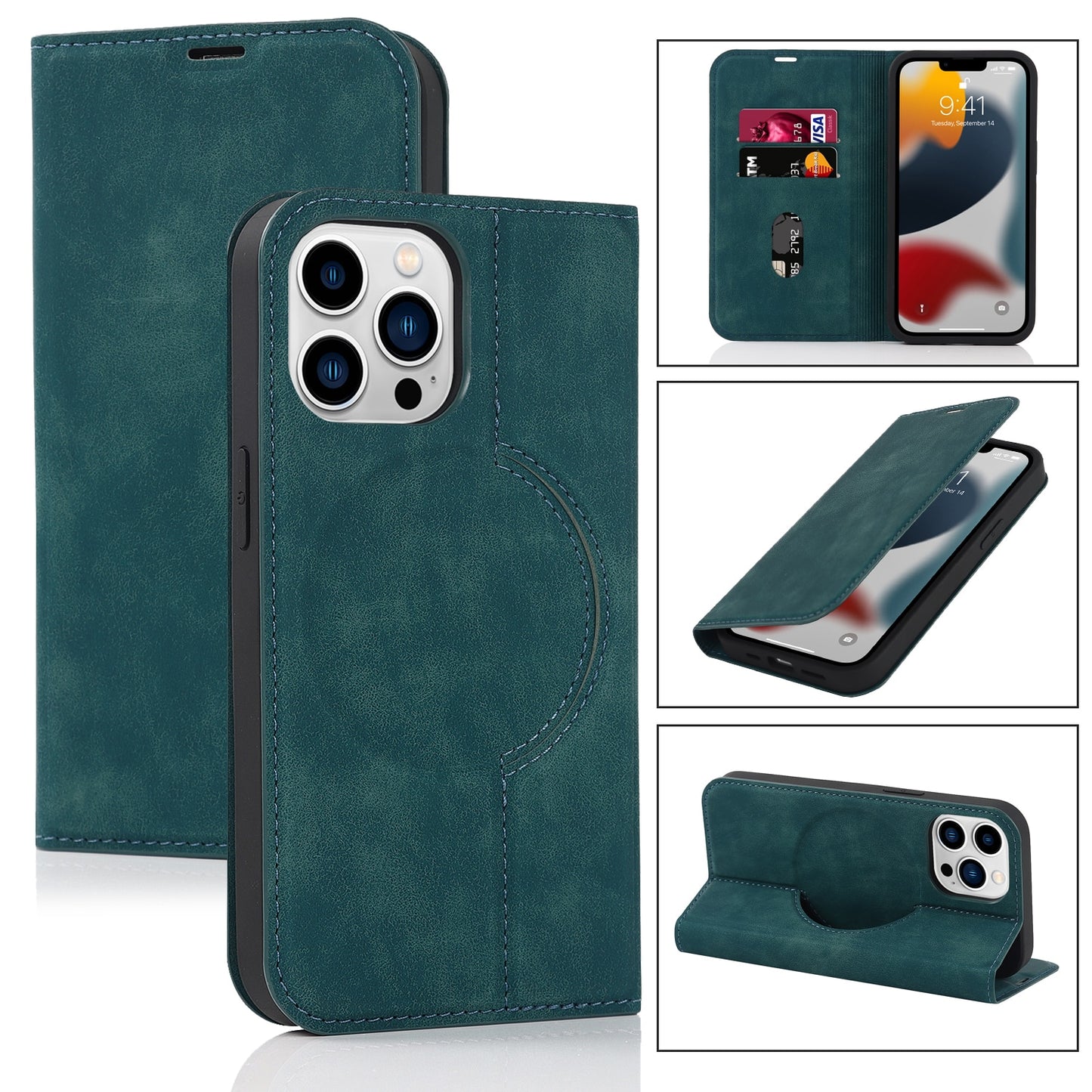 Magnetic Leather Wallet Phone Cover for IPhone - Magsafe Wireless Charging - Kickstand Card Slot Case For iphone 13promax / Blue - sky-case
