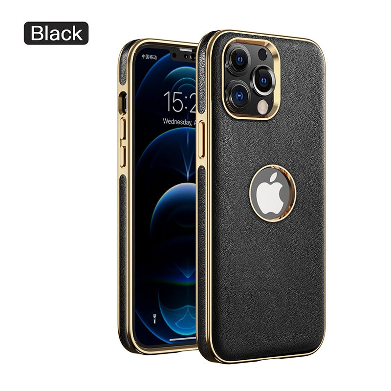 iPhone 13 Pro Max leather case with gold straight edge anti-fall Black / For iphone13promax - sky-case