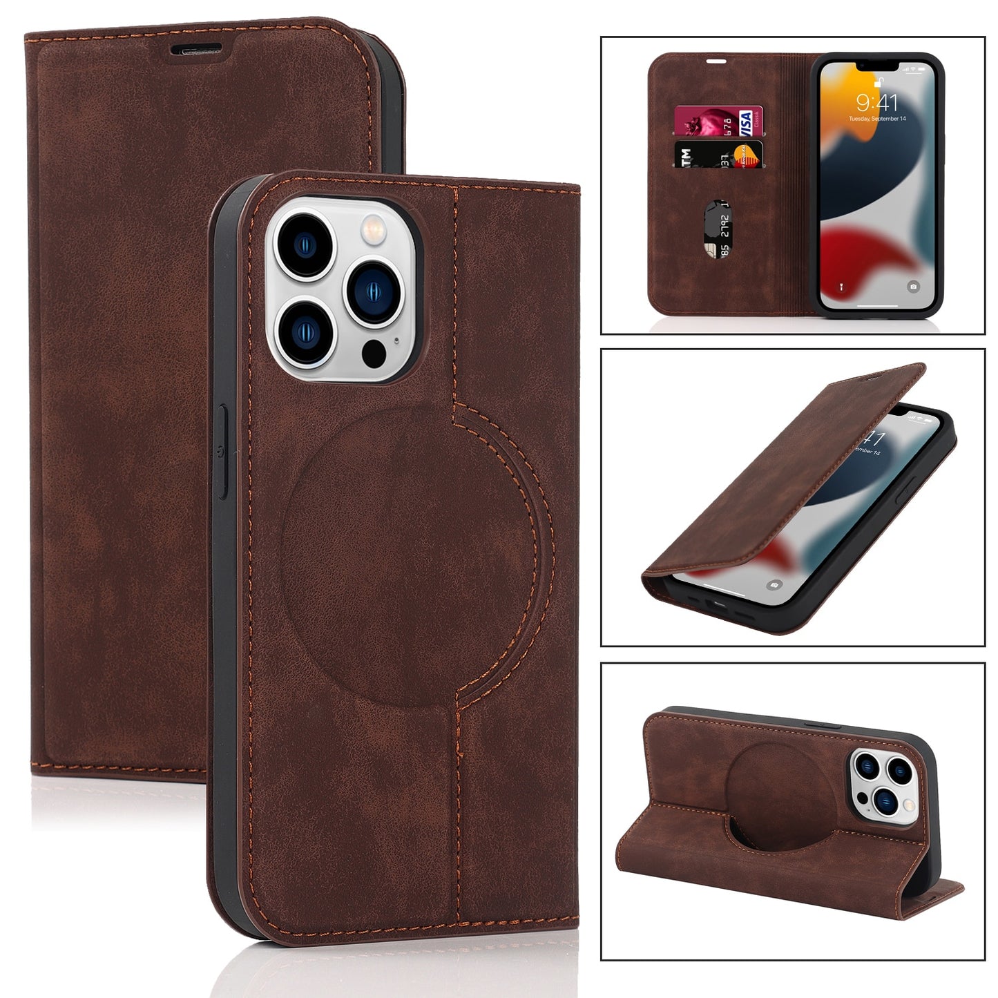 Magnetic Leather Wallet Phone Cover for IPhone - Magsafe Wireless Charging - Kickstand Card Slot Case For iphone 13promax / Coffe - sky-case