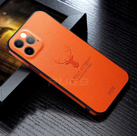 Luxury Leather Texture Square Case 3D Deer Head Full Camera Protection Shockproof Cover for iphone 13 pro max / Orange - sky-case
