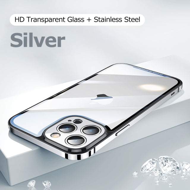 Luxury Metal Stainless Frame Transparent Matte Glass Back Cover For iPhone 13Pro Max / Transparent Silver - sky-case
