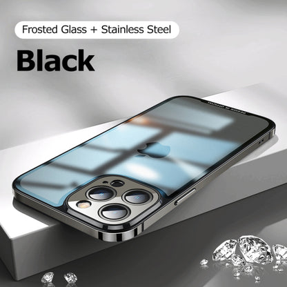 Luxury Metal Stainless Frame Transparent Matte Glass Back Cover For iPhone 13 Pro / Matte Black - sky-case