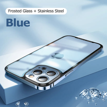 Luxury Metal Stainless Frame Transparent Matte Glass Back Cover For iPhone 13 / Matte Blue - sky-case