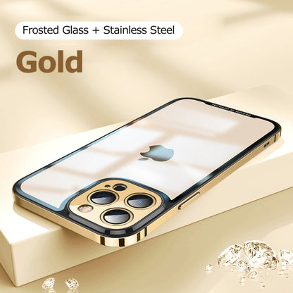 Luxury Metal Stainless Frame Transparent Matte Glass Back Cover For iPhone 13 Pro / Matte Gold - sky-case