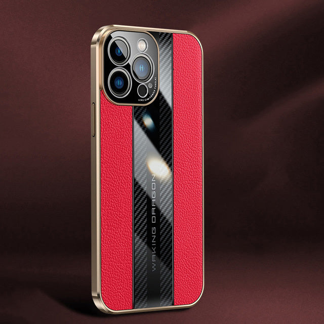 Luxury Case Luxury Carbon Fiber Genuine Leather Cover For iPhone 12 Pro / Red - sky-case