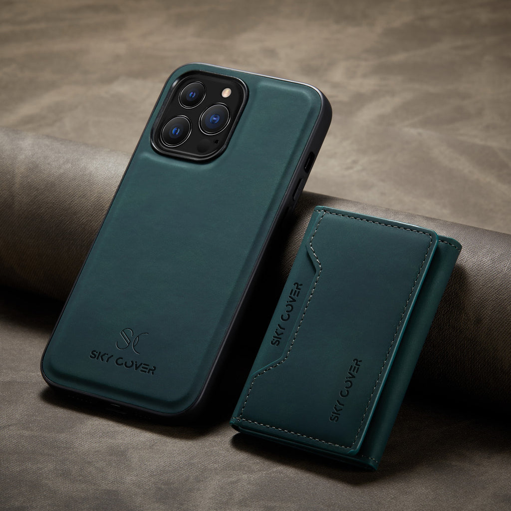 2 in 1 Luxury Leather Wallet Cover Detachable Case with Card Holder compatible with wireless charging MagSafe Green / iphone 15 pro max - sky-case