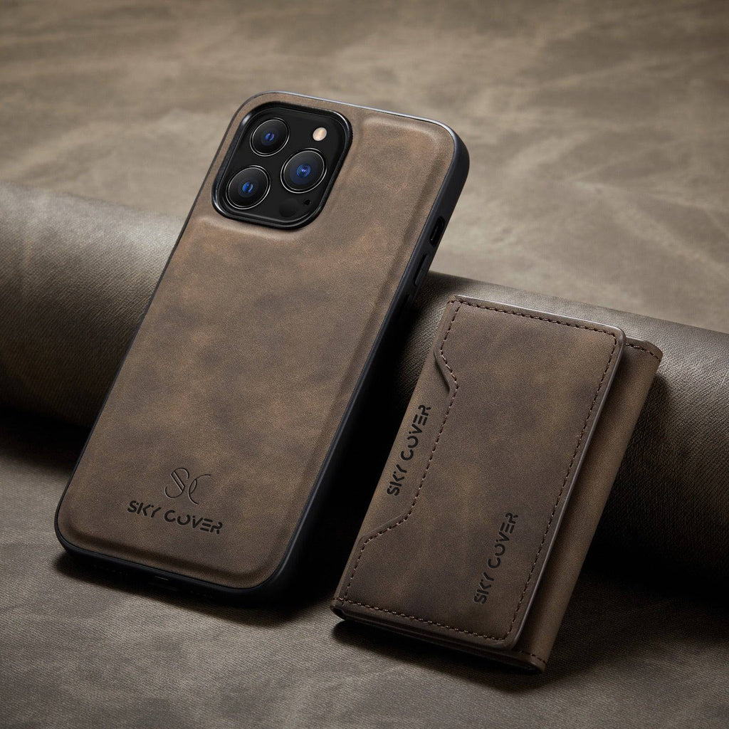 2 in 1 Luxury Leather Wallet Cover Detachable Case with Card Holder compatible with wireless charging MagSafe Coffee / iphone 15 pro max - sky-case