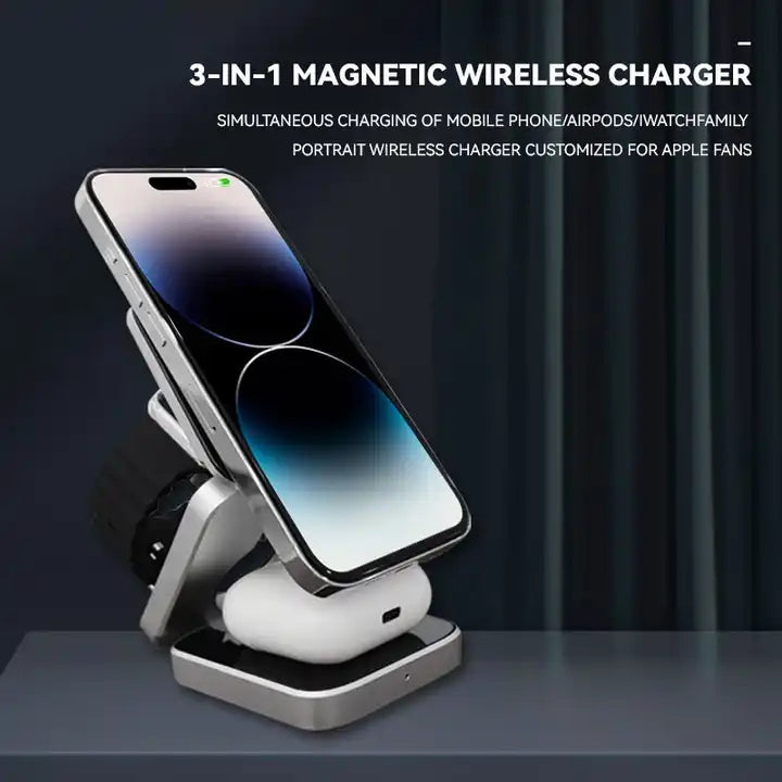 Aluminum Alloy 3-in-1 magnetic foldable wireless charger for iPhones 15, 14, 13, 12, all AirPods and Apple Watches - sky-case