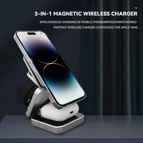 Aluminum Alloy 3-in-1 magnetic foldable wireless charger for iPhones 15, 14, 13, 12, all AirPods and Apple Watches - sky-case