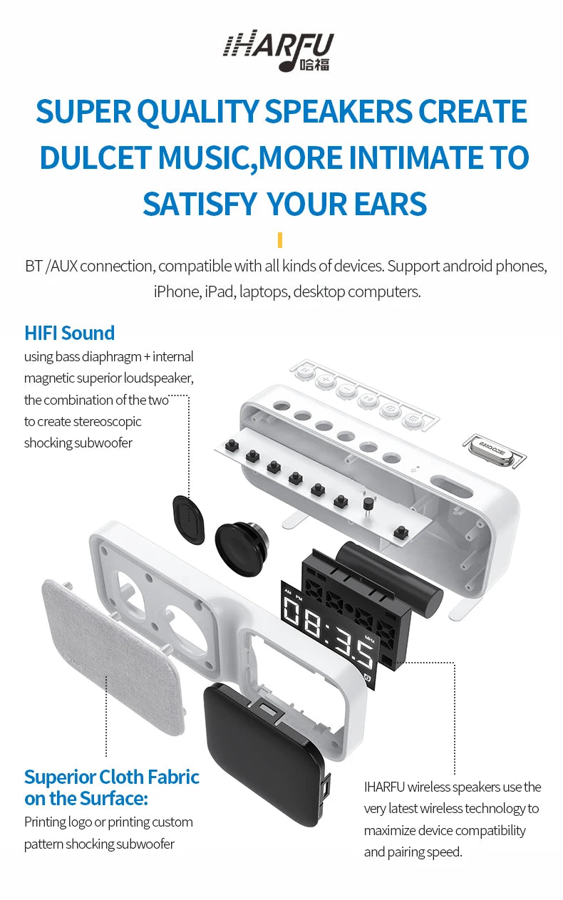 Large Dimmable Digital Alarm Clock with Bluetooth Speaker and 2 Alarms, 5W - sky-case