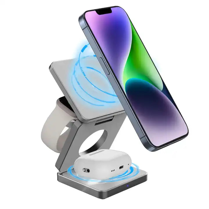 Aluminum Alloy 3-in-1 magnetic foldable wireless charger for all iPhones, all AirPods, Apple Watches - sky-case