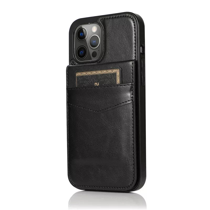 iPhone 15 Pro Case Leather Phone Case for iPhone 15, 14, 13, 12, 11 Pro Max - Card Slot, Cover Stand, Shockproof Cover Black / IPhone 15 Pro Max - sky-case