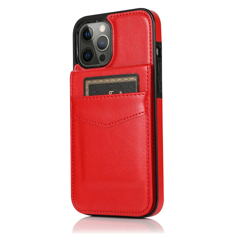 iPhone 15 Pro Case Leather Phone Case for iPhone 15, 14, 13, 12, 11 Pro Max - Card Slot, Cover Stand, Shockproof Cover Red / For iPhone 13 Pro - sky-case