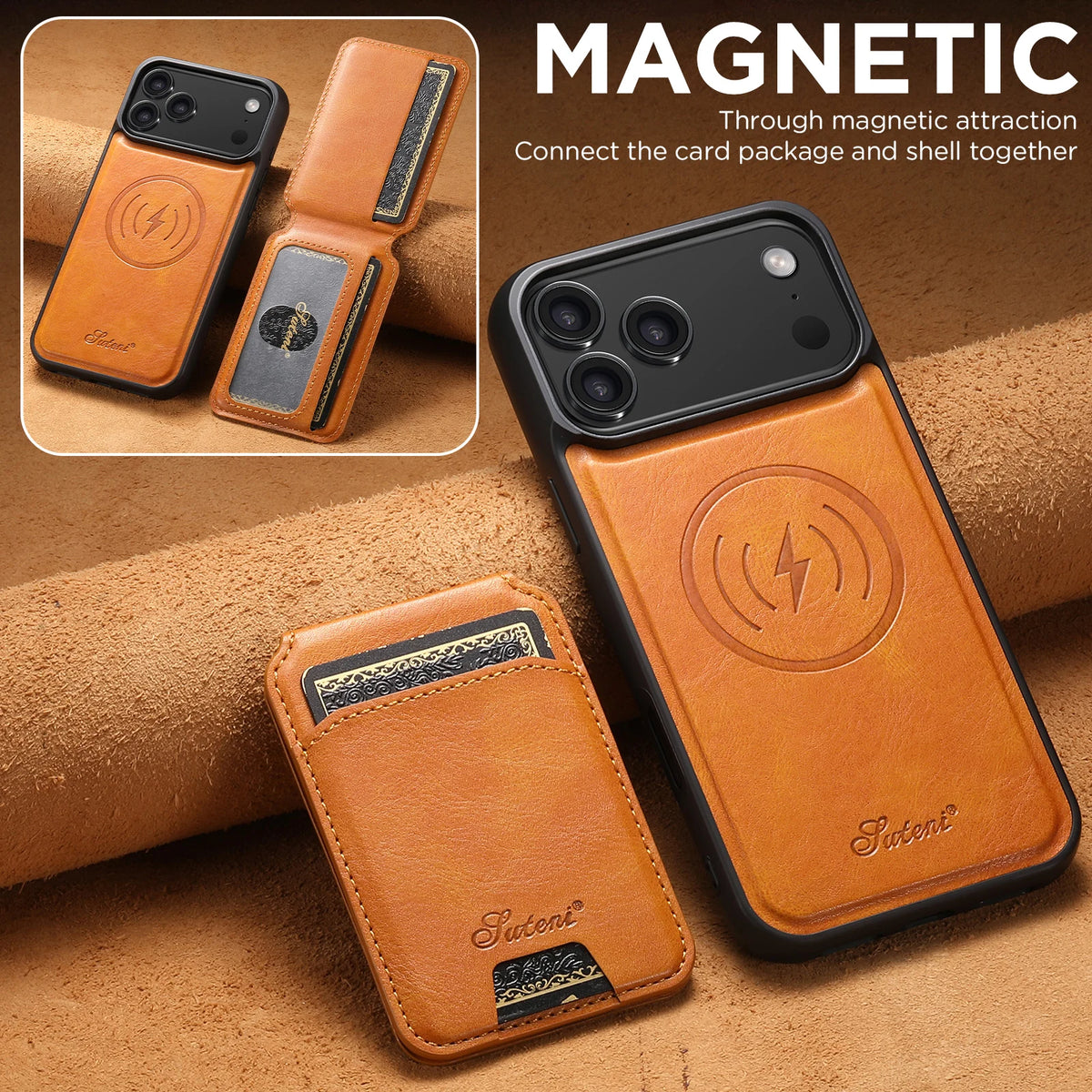 Premium Leather Card Holder Brown leather phone case for iPhone 17 series