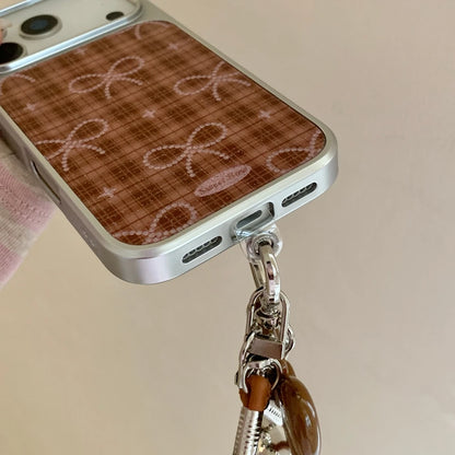 Brown Grid Glitter Bowknot Lanyard Case - sky-case