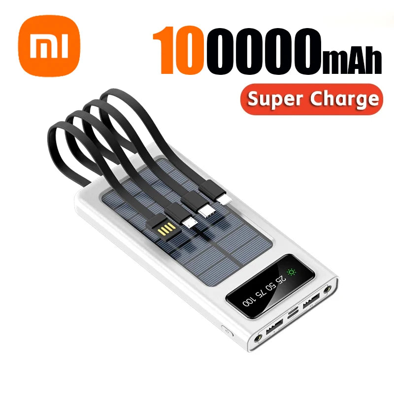 Xiaomi Solar Power Bank 200000mAh Built-in Cables Solar Charger 2 External USB Ports with LED Light Ultra Fast Charger Powerbank White 100000mAh - sky-case