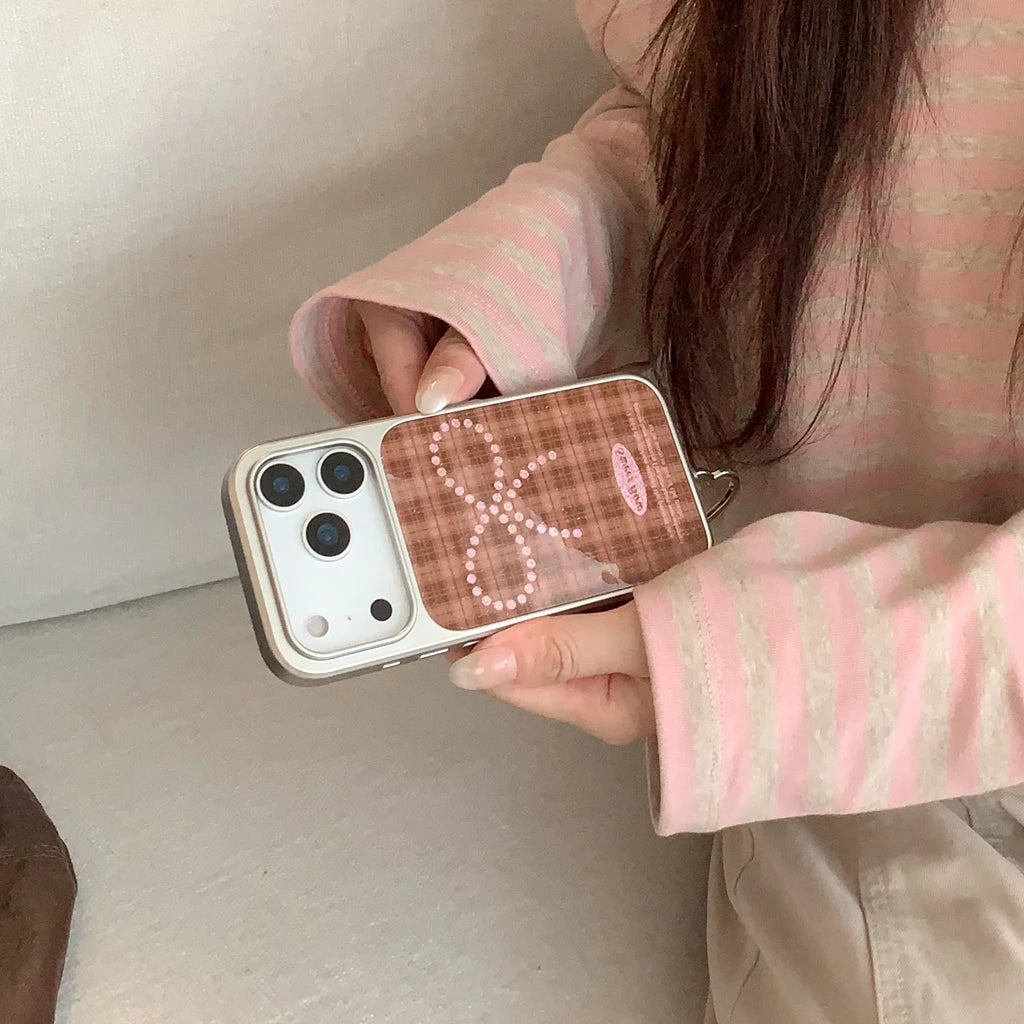 Brown Grid Glitter Bowknot Lanyard Case - sky-case