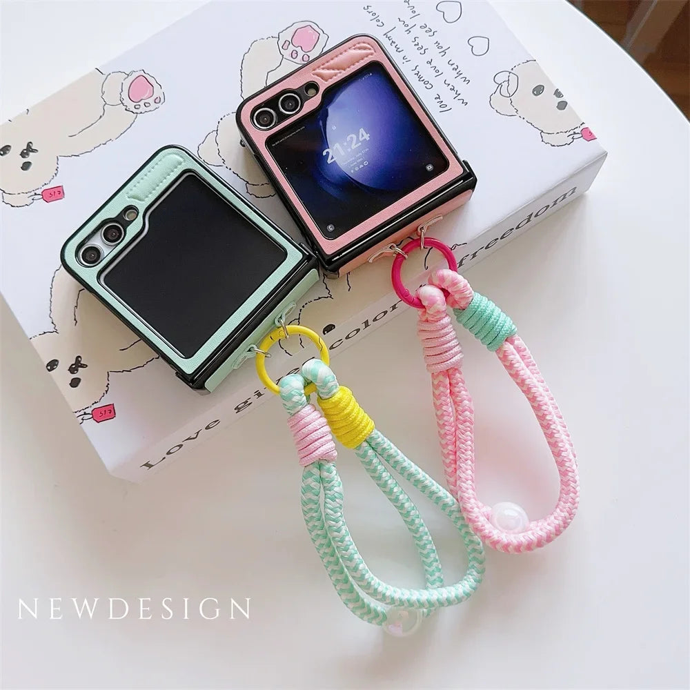 Hard PU Leather Hinge Protective Case Cover with Wrist Strap for Samsung Galaxy Z Flip 7 6 5 4 3 5G - sky-case