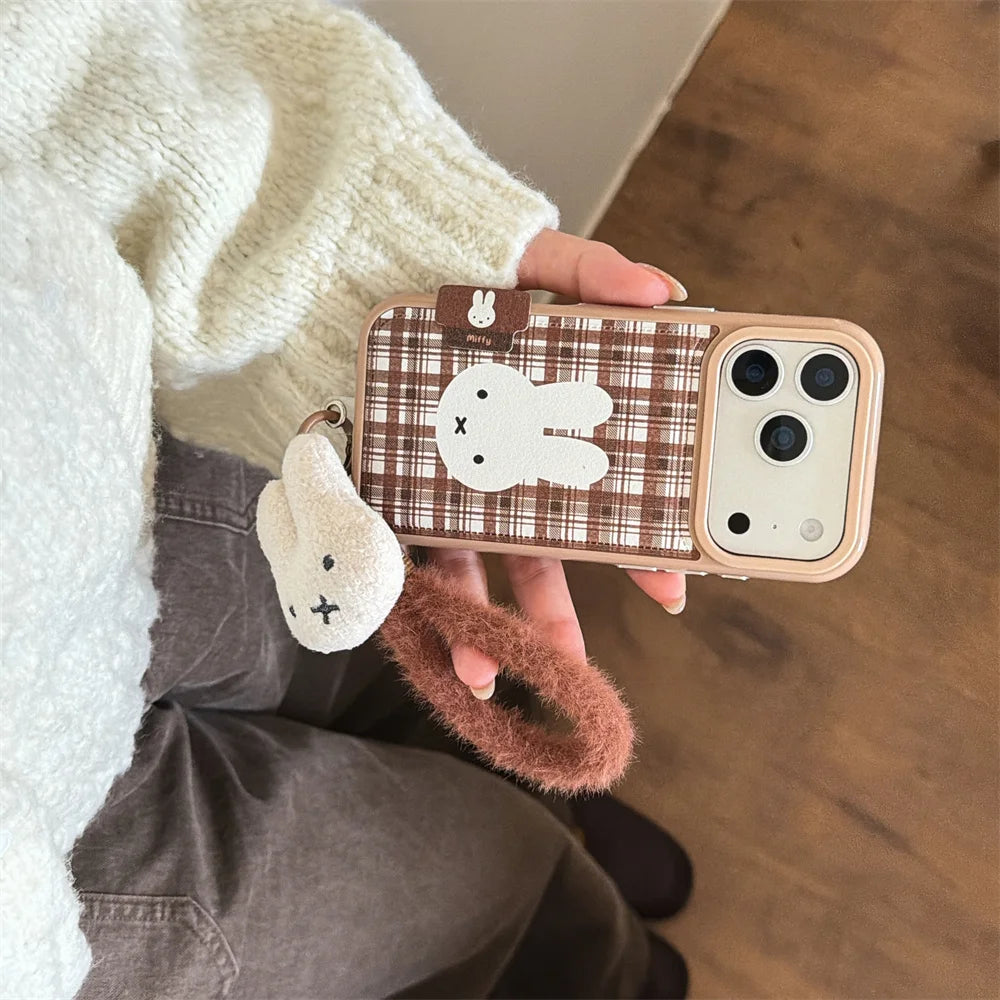 Brown Plaid Bunny Plush Charm Case - sky-case