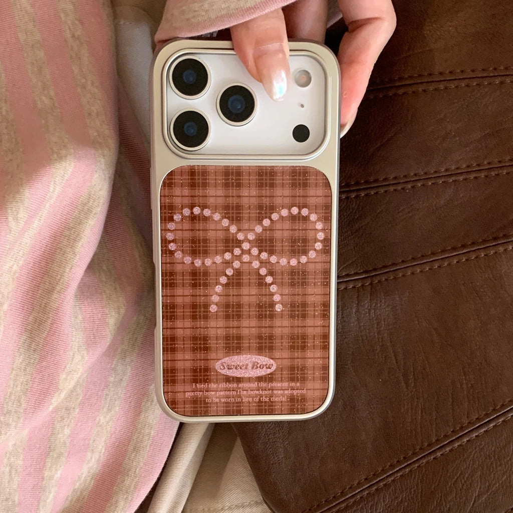 Brown Grid Glitter Bowknot Lanyard Case - sky-case