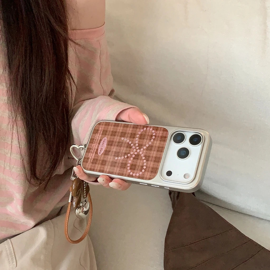 Brown Grid Glitter Bowknot Lanyard Case - sky-case