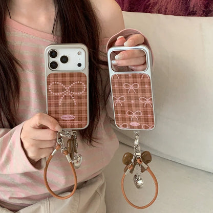 Brown Grid Glitter Bowknot Lanyard Case - sky-case