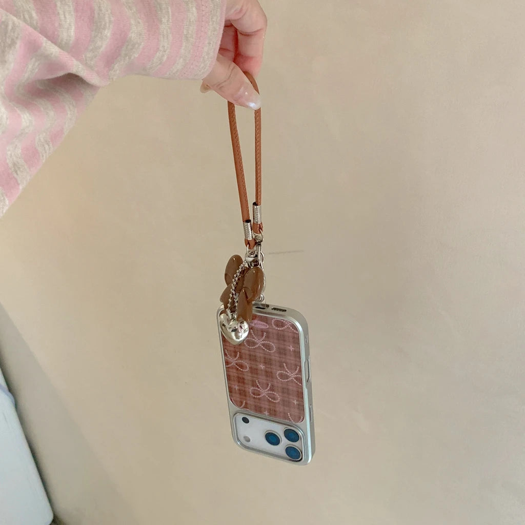 Brown Grid Glitter Bowknot Lanyard Case - sky-case