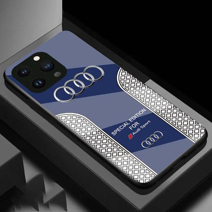 Luxury Audi Sports Car Pattern Phone Case Glass Hard Shell for iPhone 15 14 13 12 11 Pro Max 12 Mini Protection Back Cover Blue / for iPhone 15Pro Max - sky-case