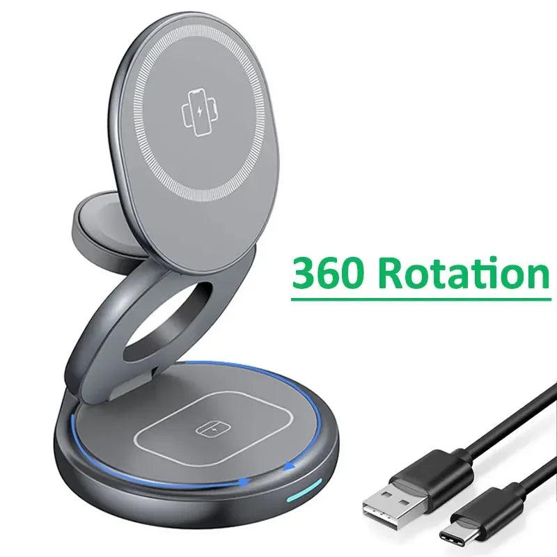 3-in-1 Wireless Charger Magnetic Folding Stand 360 Rotation Grey - sky-case