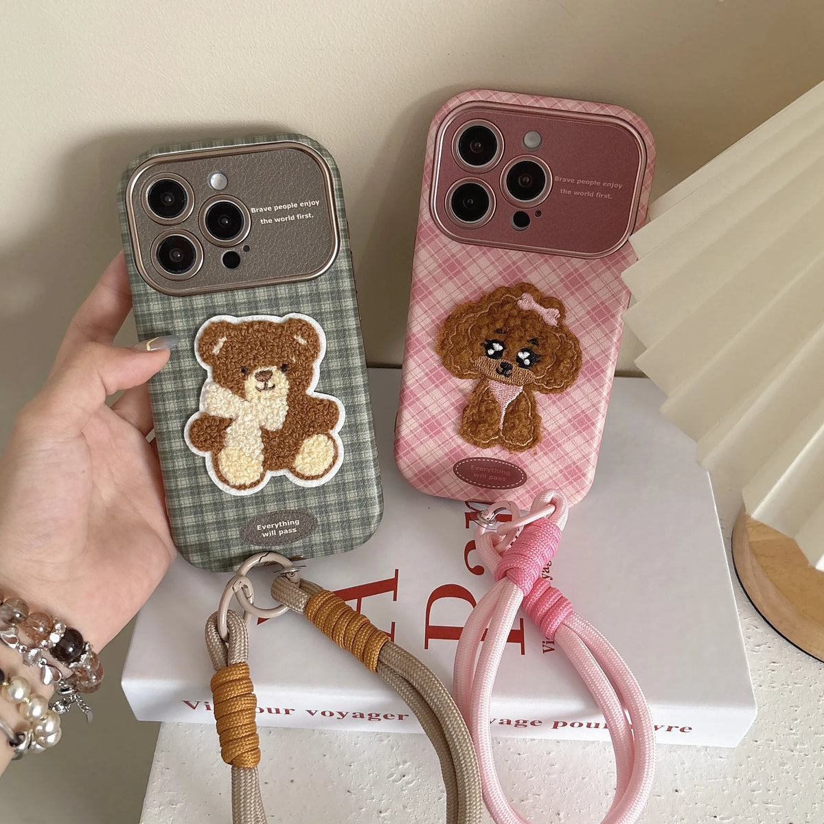 Checkered Embroidery Small Dog & Bear Case - sky-case
