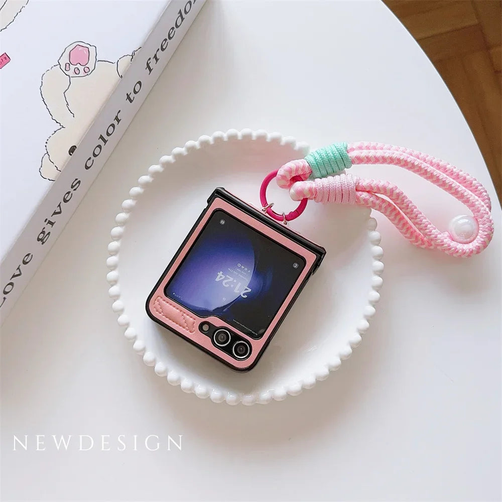 Hard PU Leather Hinge Protective Case Cover with Wrist Strap for Samsung Galaxy Z Flip 7 6 5 4 3 5G - sky-case