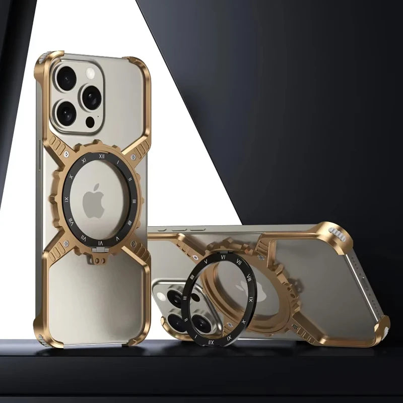 metal gear phone case Luxury Metal Gear Magnetic Holder Phone Cover For iPhone 16 Plus / Black