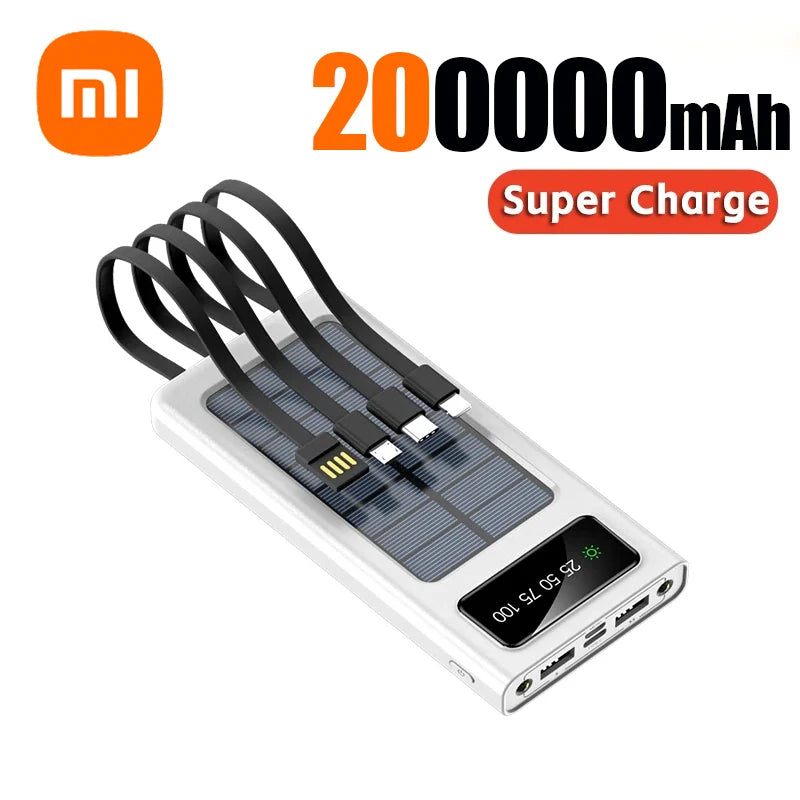 Xiaomi Solar Power Bank 200000mAh Built-in Cables Solar Charger 2 External USB Ports with LED Light Ultra Fast Charger Powerbank White 200000mAh - sky-case
