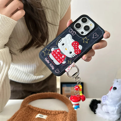 Korean Denim Embroidered HelloKitty Kawaii Case - sky-case