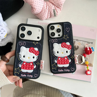 Korean Denim Embroidered HelloKitty Kawaii Case - sky-case