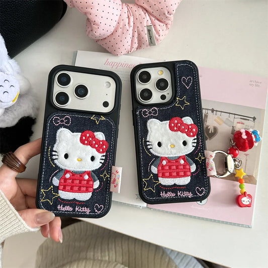 Korean Denim Embroidered HelloKitty Kawaii Case - sky-case